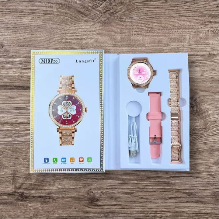 Langsfit M10 Pro Luxury Edition Smartwatch – Elegant Rose Gold & Diamond Studded Design with BT Calling